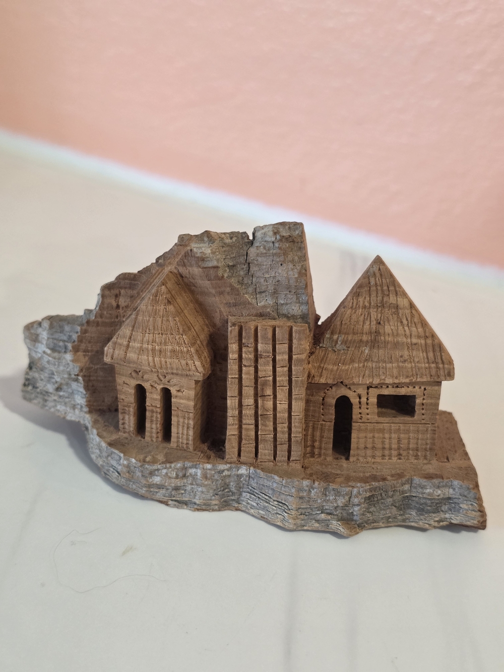 Tiny Hand-Carved Wooden Village Sculpture - Brown Rustic Home Accent